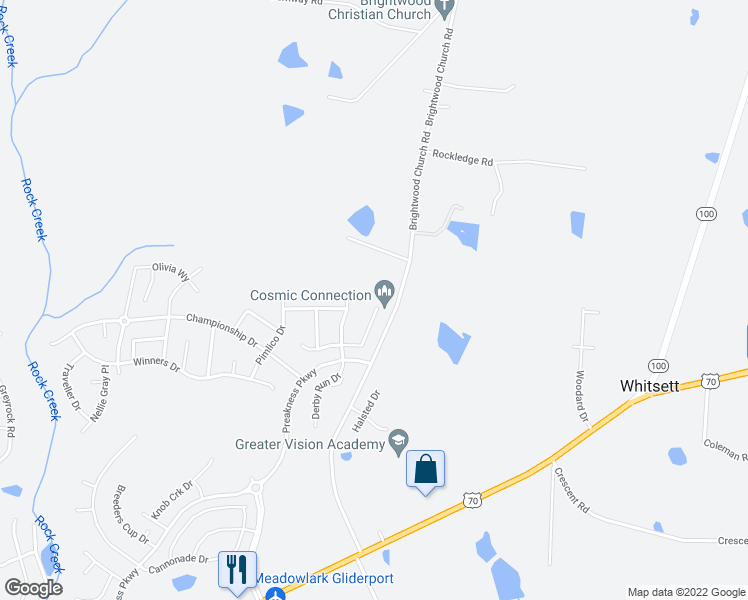 map of restaurants, bars, coffee shops, grocery stores, and more near 6921 East Whirlaway Court in Whitsett
