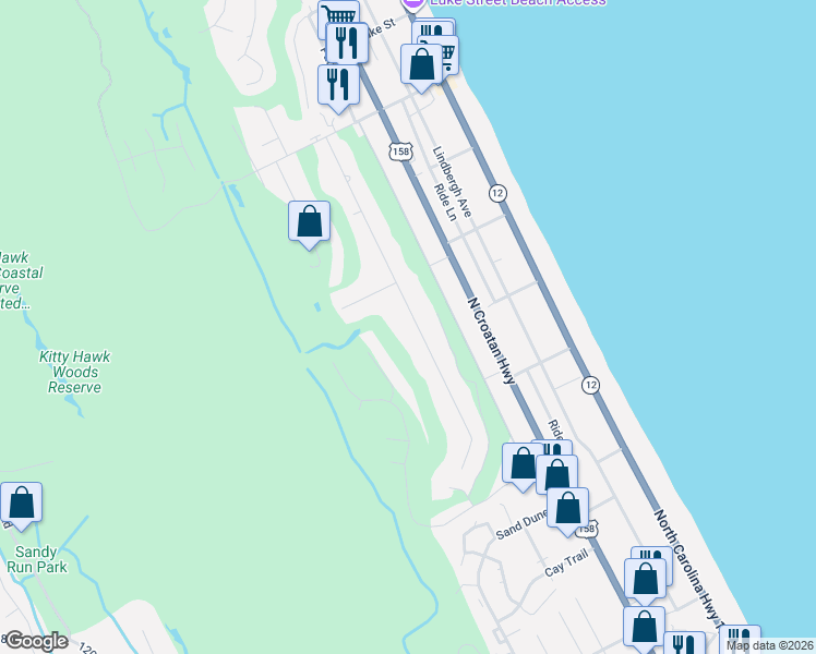 map of restaurants, bars, coffee shops, grocery stores, and more near 4408 Seascape Dr in Kitty Hawk