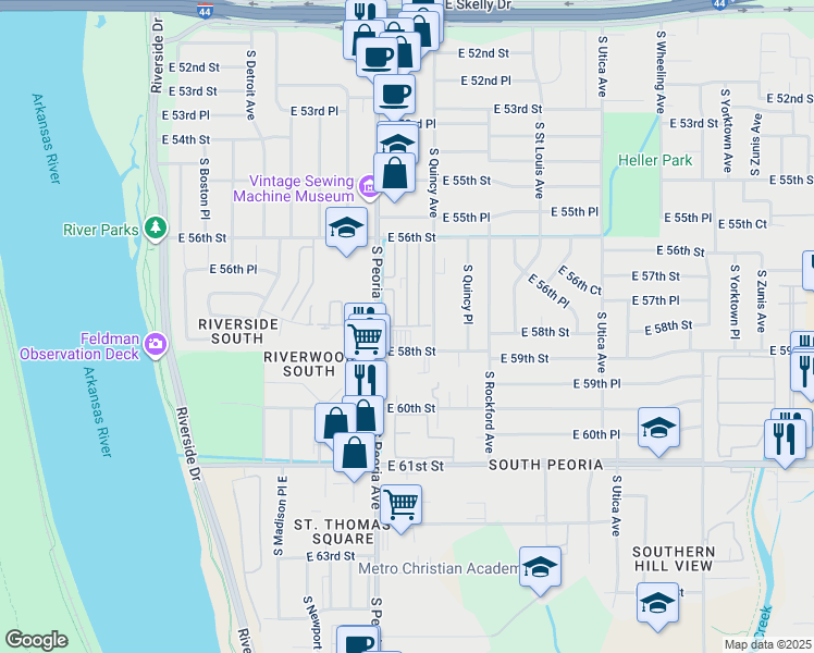 map of restaurants, bars, coffee shops, grocery stores, and more near 1301 East 57th Place in Tulsa