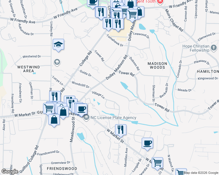 map of restaurants, bars, coffee shops, grocery stores, and more near 5500 Guida Drive in Greensboro