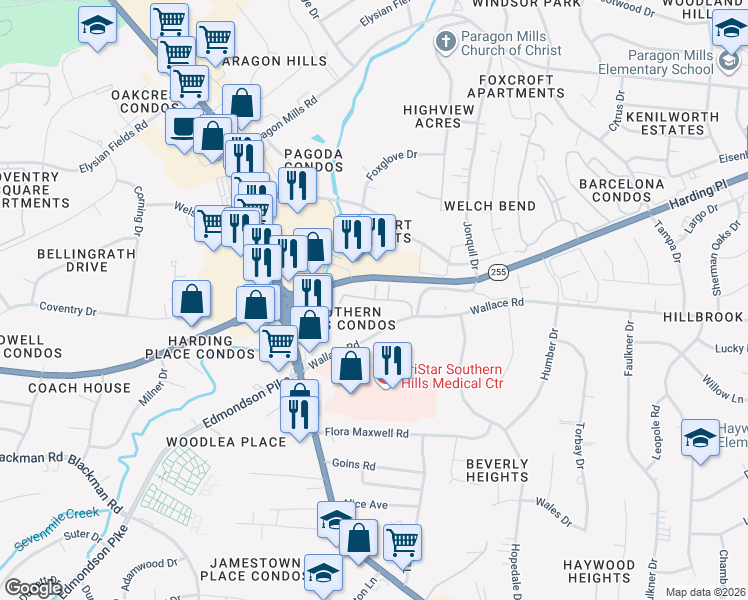 map of restaurants, bars, coffee shops, grocery stores, and more near Brookridge Trail in Nashville