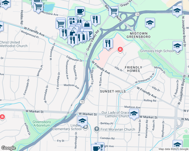 map of restaurants, bars, coffee shops, grocery stores, and more near 306 North Lindell Road in Greensboro