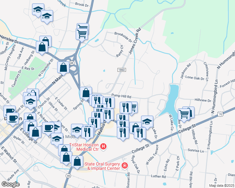 map of restaurants, bars, coffee shops, grocery stores, and more near 101 Sunny Ridge Circle in Dickson