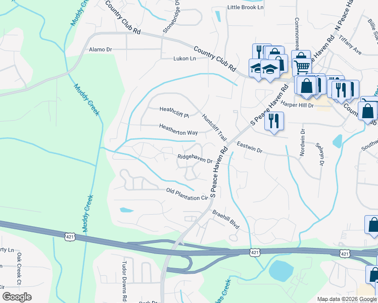 map of restaurants, bars, coffee shops, grocery stores, and more near 128 Breckindale Circle in Winston-Salem