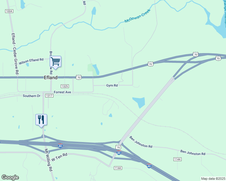 map of restaurants, bars, coffee shops, grocery stores, and more near 3004 Gym Road in Efland