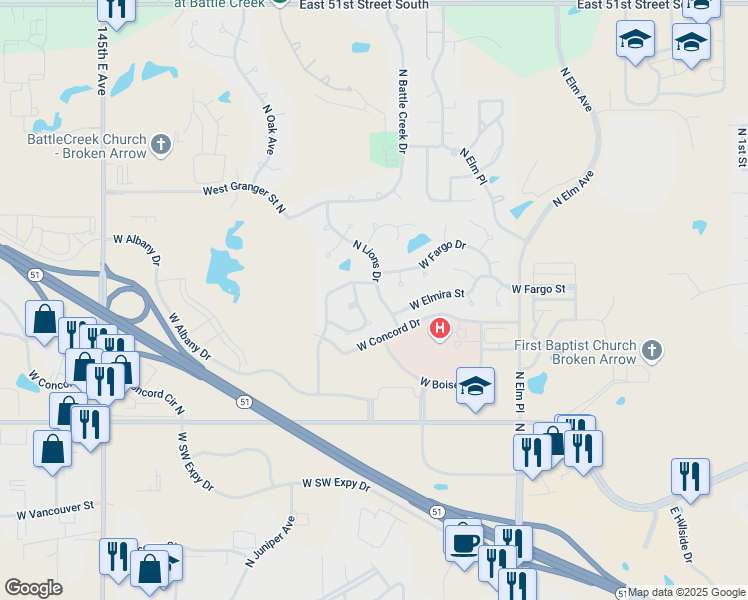 map of restaurants, bars, coffee shops, grocery stores, and more near 2824 North Lions Avenue in Broken Arrow
