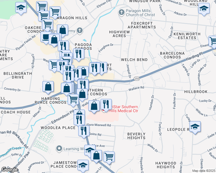 map of restaurants, bars, coffee shops, grocery stores, and more near 114 Brookridge Trail in Nashville
