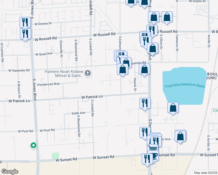 map of restaurants, bars, coffee shops, grocery stores, and more near 5235 Ponderosa Way in Las Vegas