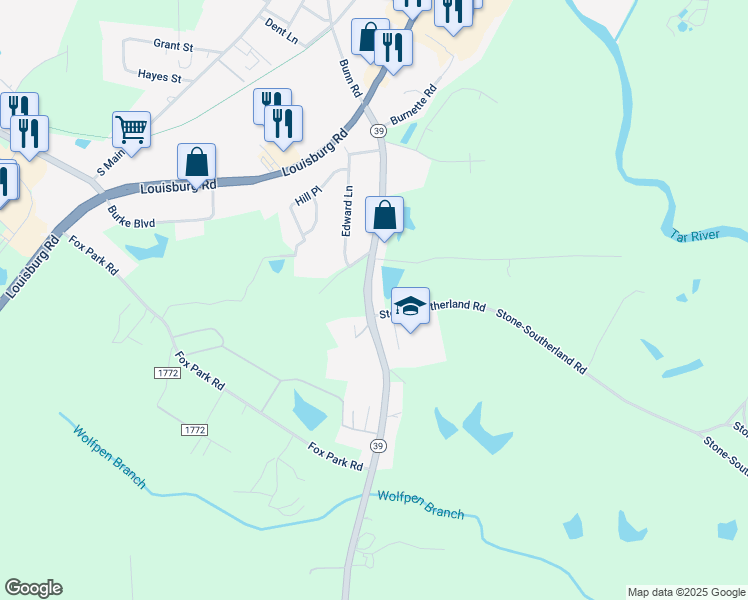 map of restaurants, bars, coffee shops, grocery stores, and more near 717 North Carolina 39 in Louisburg