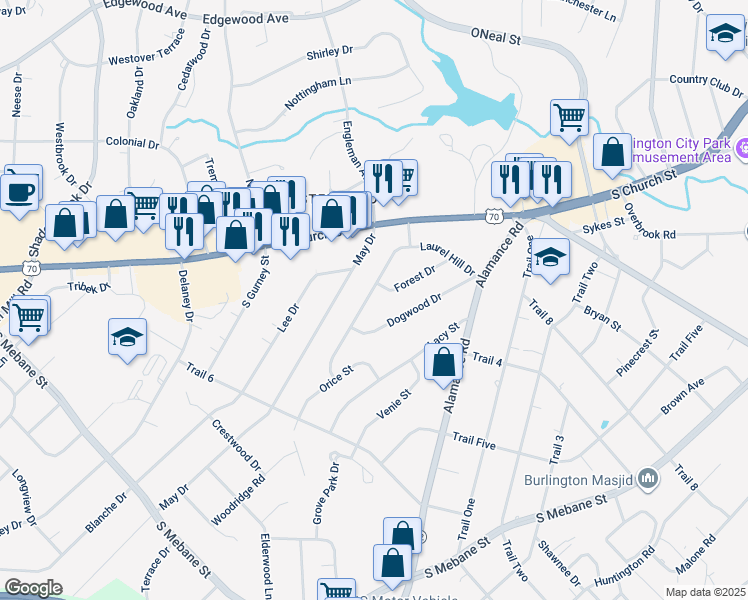 map of restaurants, bars, coffee shops, grocery stores, and more near 409 Laurel Hill Drive in Burlington