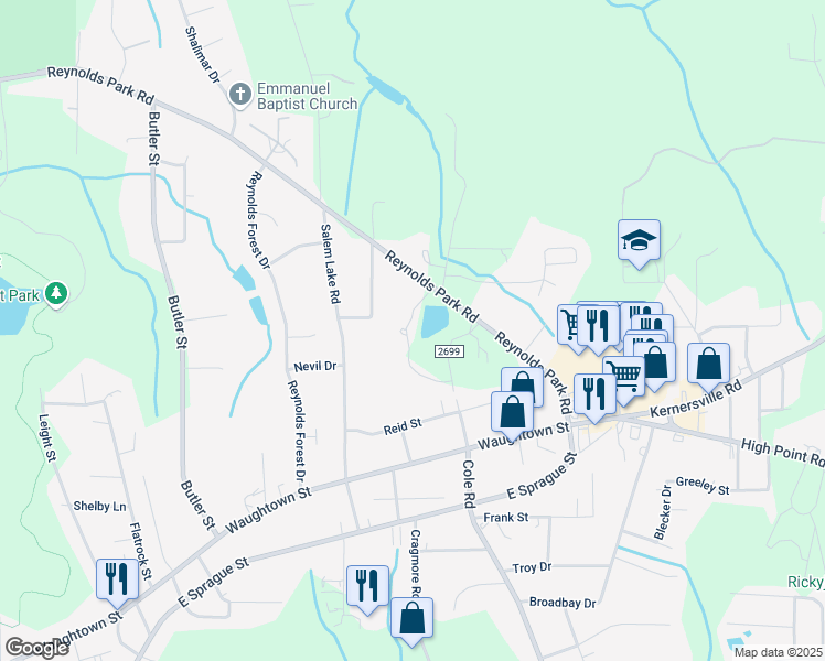 map of restaurants, bars, coffee shops, grocery stores, and more near 2872 Willow Cove Drive in Winston-Salem