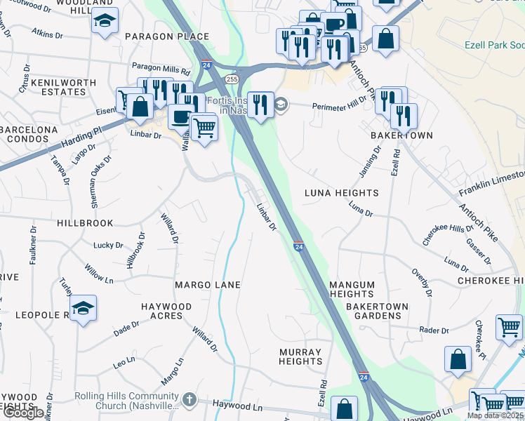 map of restaurants, bars, coffee shops, grocery stores, and more near 5174 Linbar Drive in Nashville