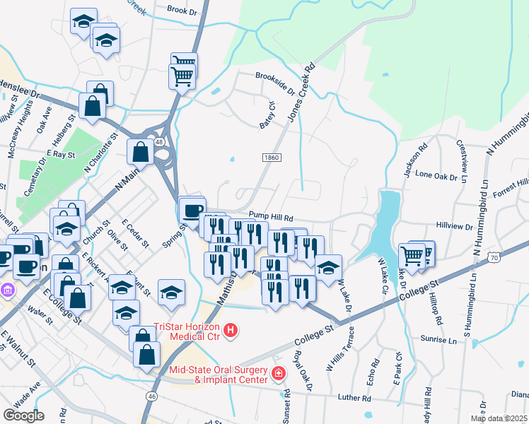 map of restaurants, bars, coffee shops, grocery stores, and more near 101 Sunny Ridge Circle in Dickson
