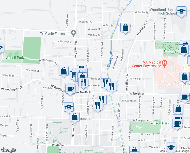 map of restaurants, bars, coffee shops, grocery stores, and more near 1305 North Leverett Avenue in Fayetteville