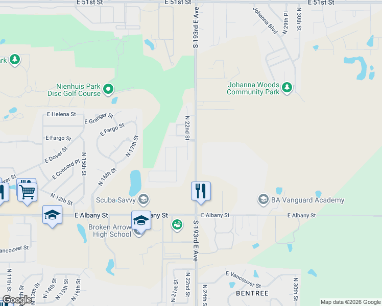 map of restaurants, bars, coffee shops, grocery stores, and more near 2800 North 23rd Street in Broken Arrow
