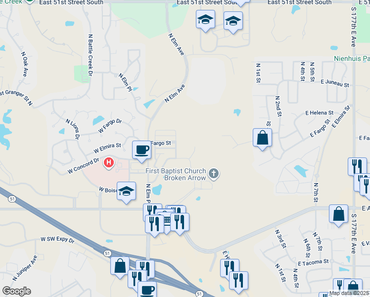 map of restaurants, bars, coffee shops, grocery stores, and more near 2801 North Birch Avenue in Broken Arrow