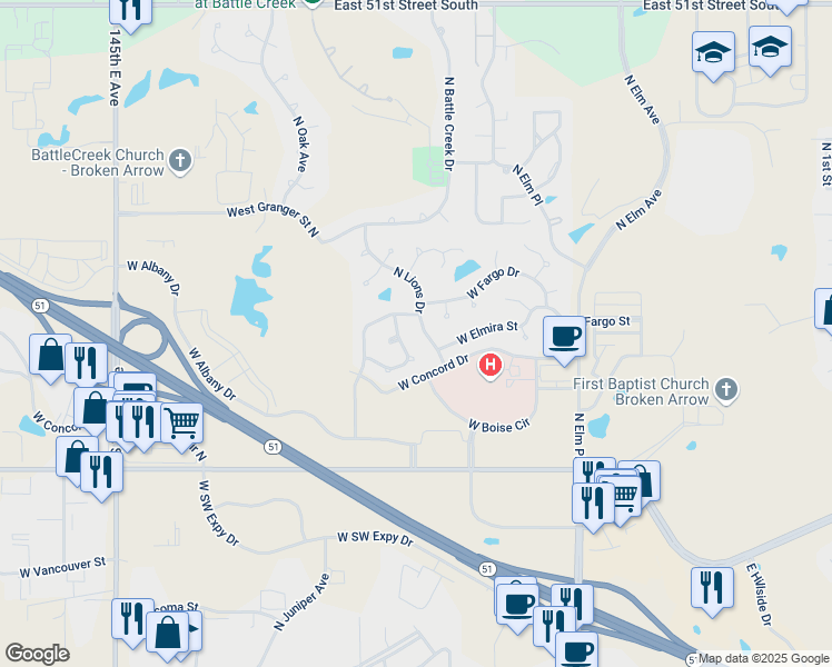 map of restaurants, bars, coffee shops, grocery stores, and more near 2824 North Lions Avenue in Broken Arrow
