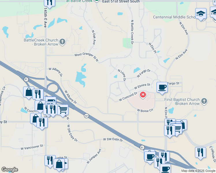 map of restaurants, bars, coffee shops, grocery stores, and more near 2824 North Juniper Place in Broken Arrow