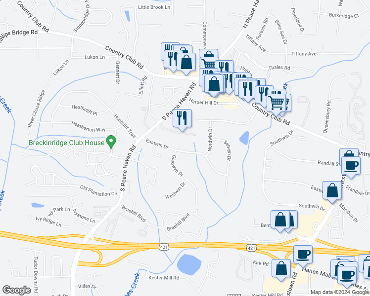 map of restaurants, bars, coffee shops, grocery stores, and more near 5021 Eastwin Drive in Winston-Salem
