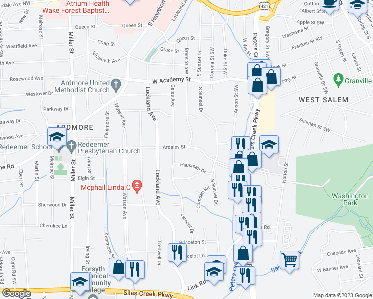 map of restaurants, bars, coffee shops, grocery stores, and more near 1700 Ardsley Street in Winston-Salem