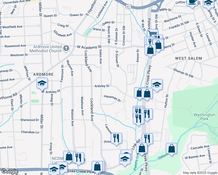 map of restaurants, bars, coffee shops, grocery stores, and more near 1700 Ardsley Street in Winston-Salem