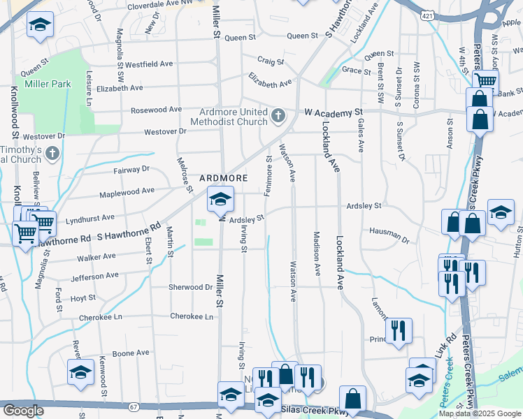 map of restaurants, bars, coffee shops, grocery stores, and more near 872 Fenimore Street in Winston-Salem