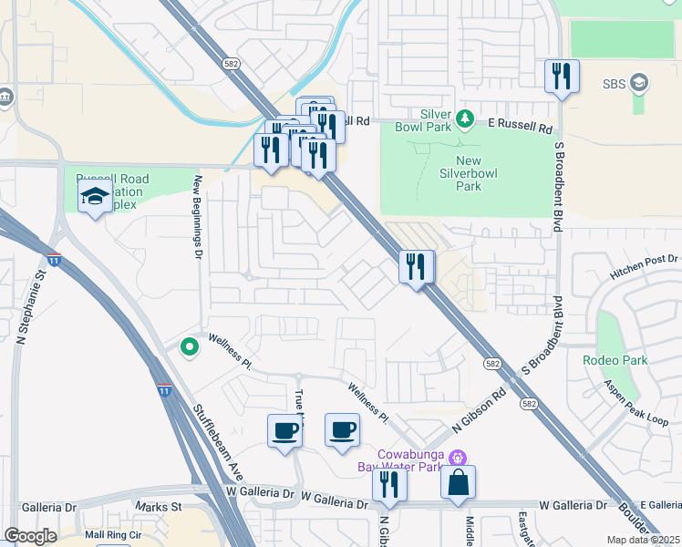map of restaurants, bars, coffee shops, grocery stores, and more near 6024 Mustang Breeze Trail in Henderson