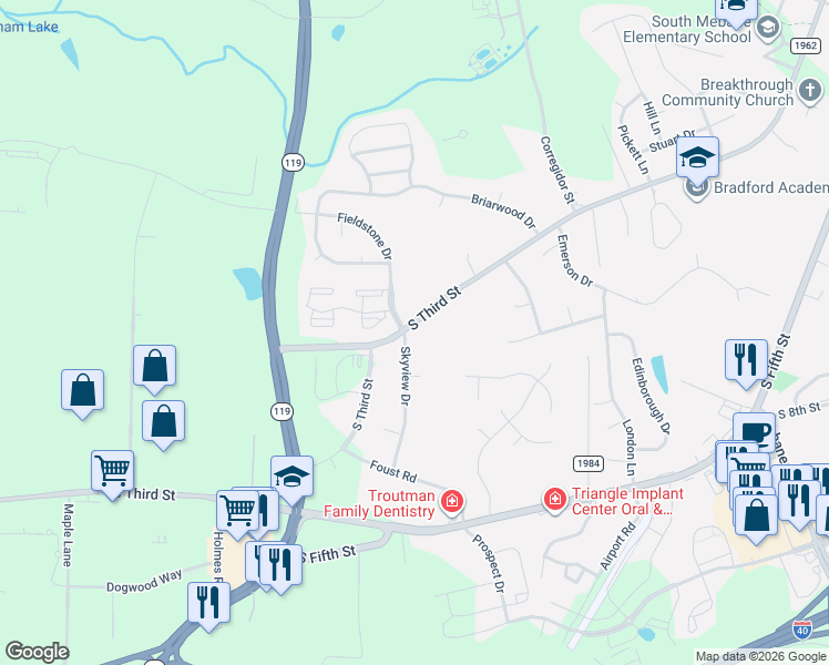 map of restaurants, bars, coffee shops, grocery stores, and more near 1219 South Third Street in Mebane