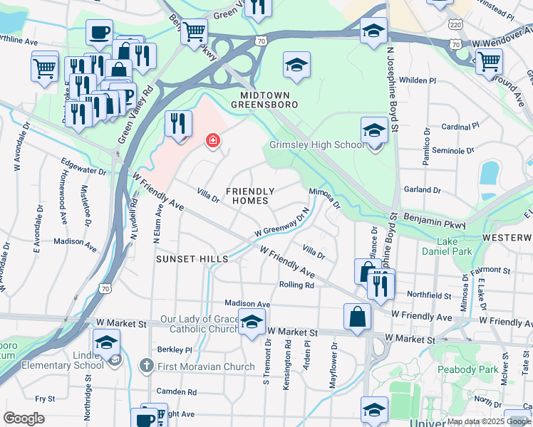 map of restaurants, bars, coffee shops, grocery stores, and more near 2201 Briarwood Drive in Greensboro