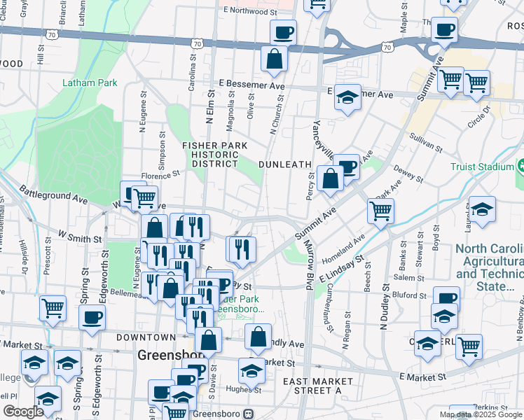 map of restaurants, bars, coffee shops, grocery stores, and more near 510 North Church Street in Greensboro
