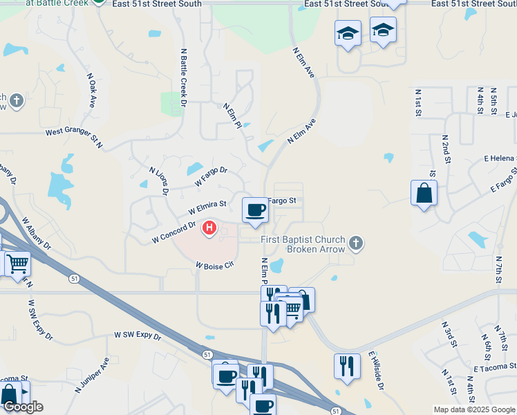 map of restaurants, bars, coffee shops, grocery stores, and more near 801 West Fargo Drive in Broken Arrow
