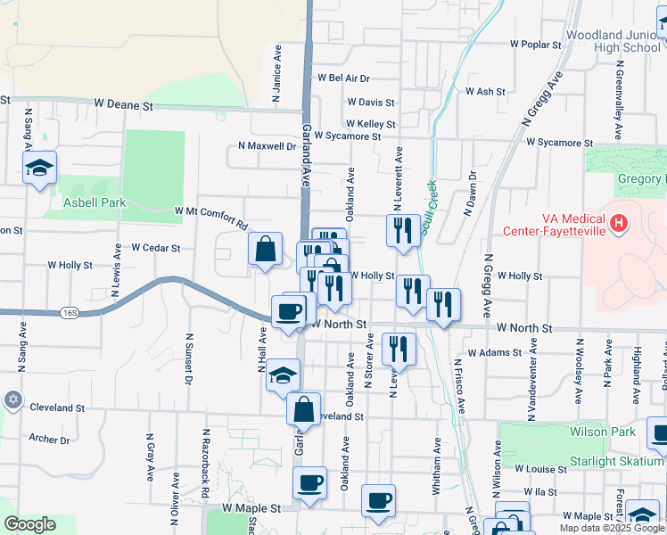 map of restaurants, bars, coffee shops, grocery stores, and more near 1241 North Lindell Avenue in Fayetteville