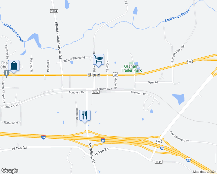 map of restaurants, bars, coffee shops, grocery stores, and more near 3313 Forrest Avenue in Efland