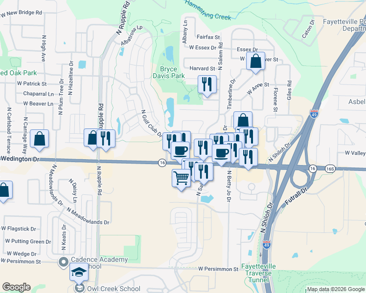 map of restaurants, bars, coffee shops, grocery stores, and more near 3533 West Chevaux Drive in Fayetteville