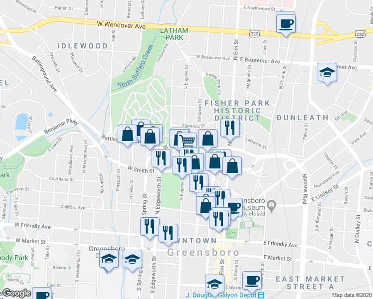 map of restaurants, bars, coffee shops, grocery stores, and more near 622 North Eugene Street in Greensboro