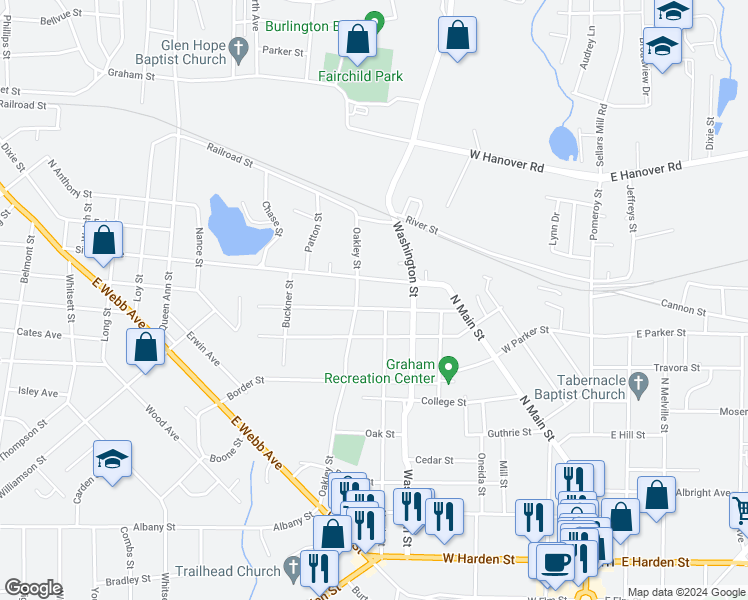 map of restaurants, bars, coffee shops, grocery stores, and more near 415 Climax Street in Graham