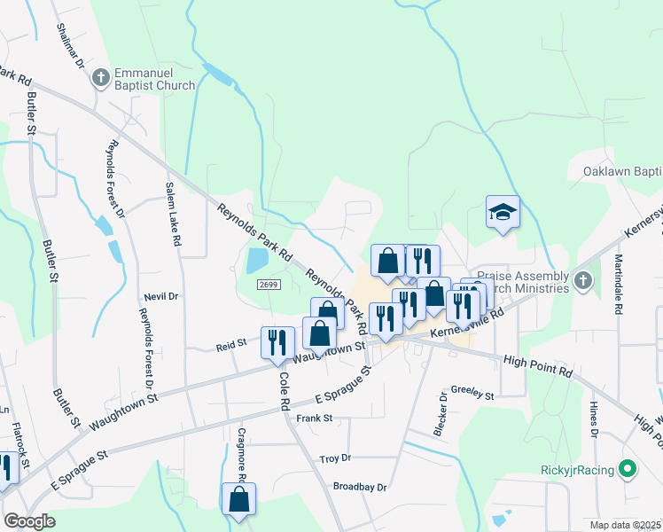 map of restaurants, bars, coffee shops, grocery stores, and more near Norvista Cove Southeast in Winston-Salem