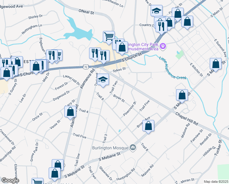 map of restaurants, bars, coffee shops, grocery stores, and more near 1930 Trail Two in Burlington