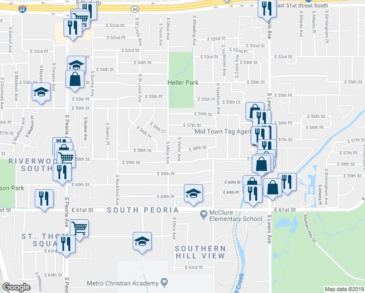 map of restaurants, bars, coffee shops, grocery stores, and more near 1809 East 58th Street in Tulsa