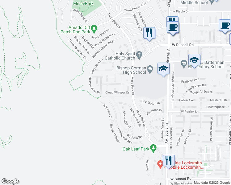 map of restaurants, bars, coffee shops, grocery stores, and more near Cloud Whisper Drive in Las Vegas
