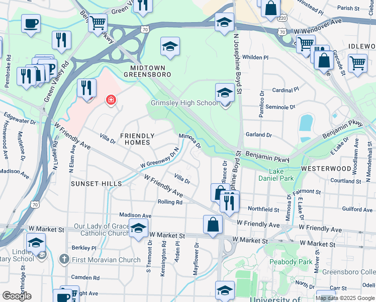 map of restaurants, bars, coffee shops, grocery stores, and more near 612 North Tremont Drive in Greensboro