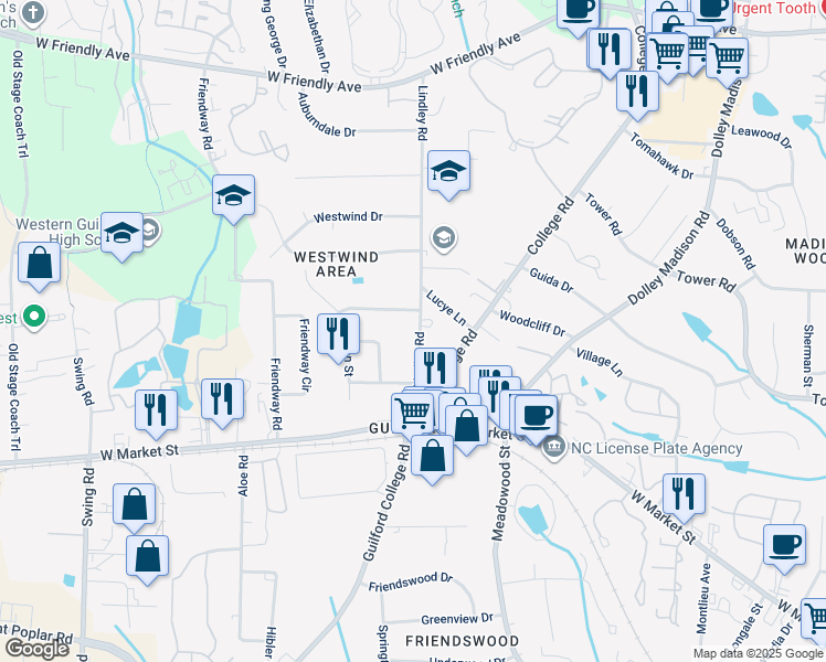 map of restaurants, bars, coffee shops, grocery stores, and more near 209 Lindley Road in Greensboro