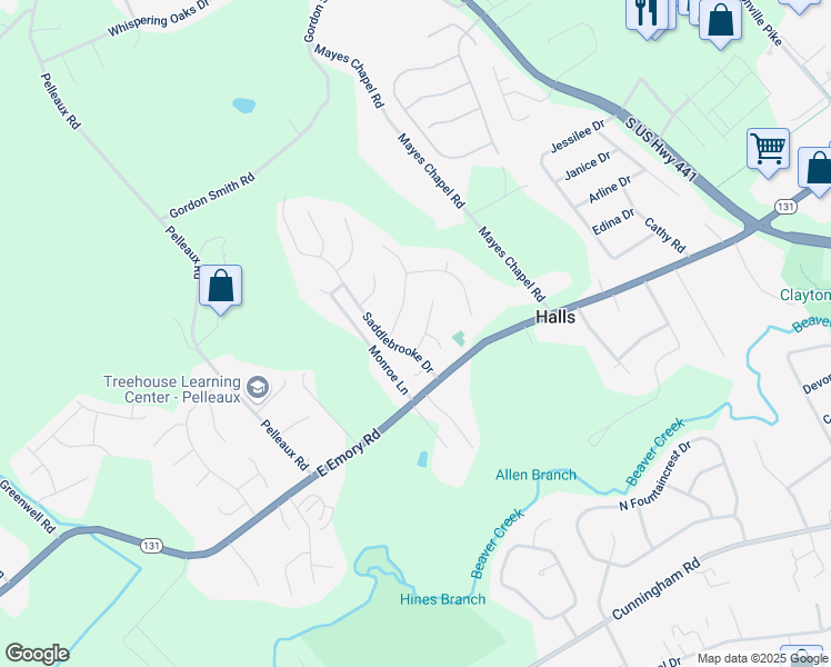 map of restaurants, bars, coffee shops, grocery stores, and more near 7419 Bellcastle Court in Knoxville