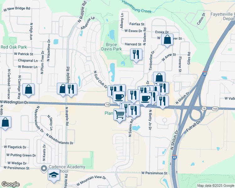 map of restaurants, bars, coffee shops, grocery stores, and more near 3533 West Chevaux Drive in Fayetteville