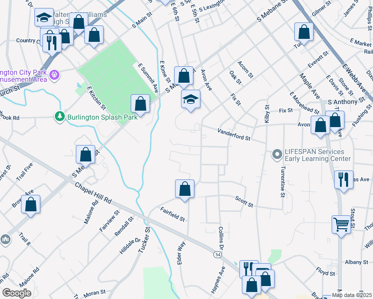 map of restaurants, bars, coffee shops, grocery stores, and more near 618 Center Court in Burlington