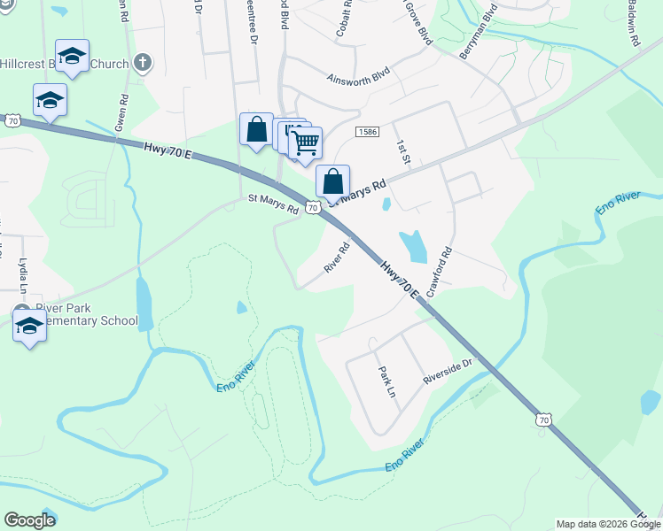 map of restaurants, bars, coffee shops, grocery stores, and more near River Road in Hillsborough