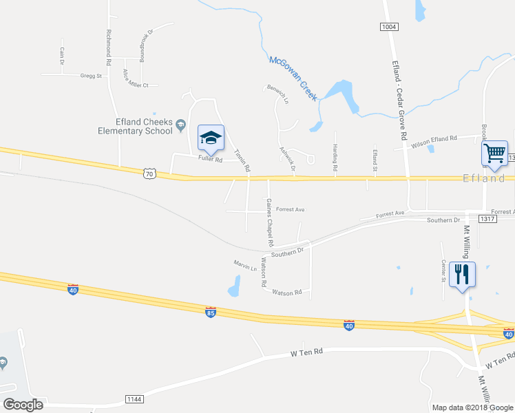 map of restaurants, bars, coffee shops, grocery stores, and more near 4109 Sanders Road in Efland