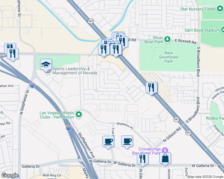 map of restaurants, bars, coffee shops, grocery stores, and more near 6405 Rusticated Stone Avenue in Henderson