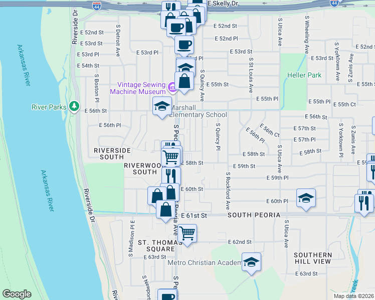 map of restaurants, bars, coffee shops, grocery stores, and more near 6252 South Quaker Avenue in Tulsa