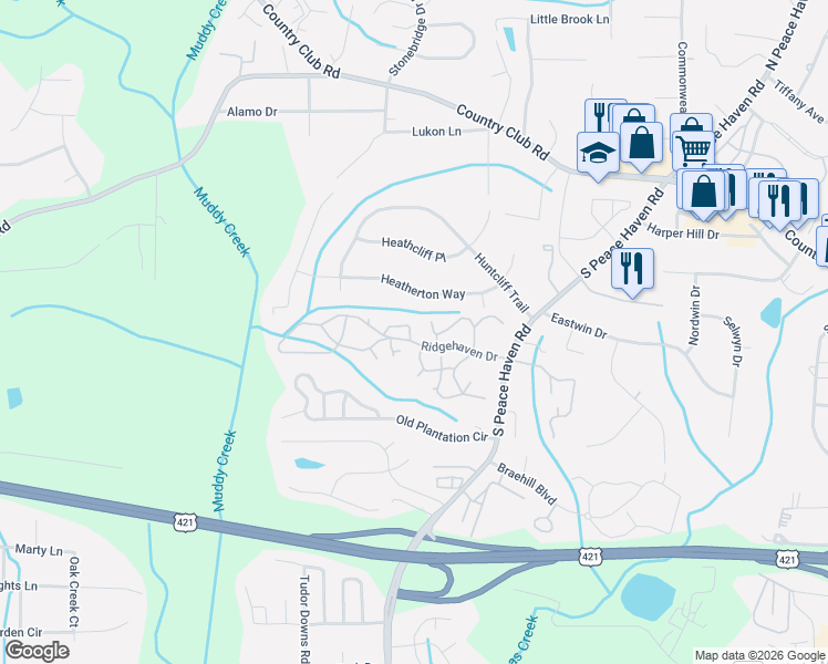map of restaurants, bars, coffee shops, grocery stores, and more near 308 Bexley Drive in Winston-Salem